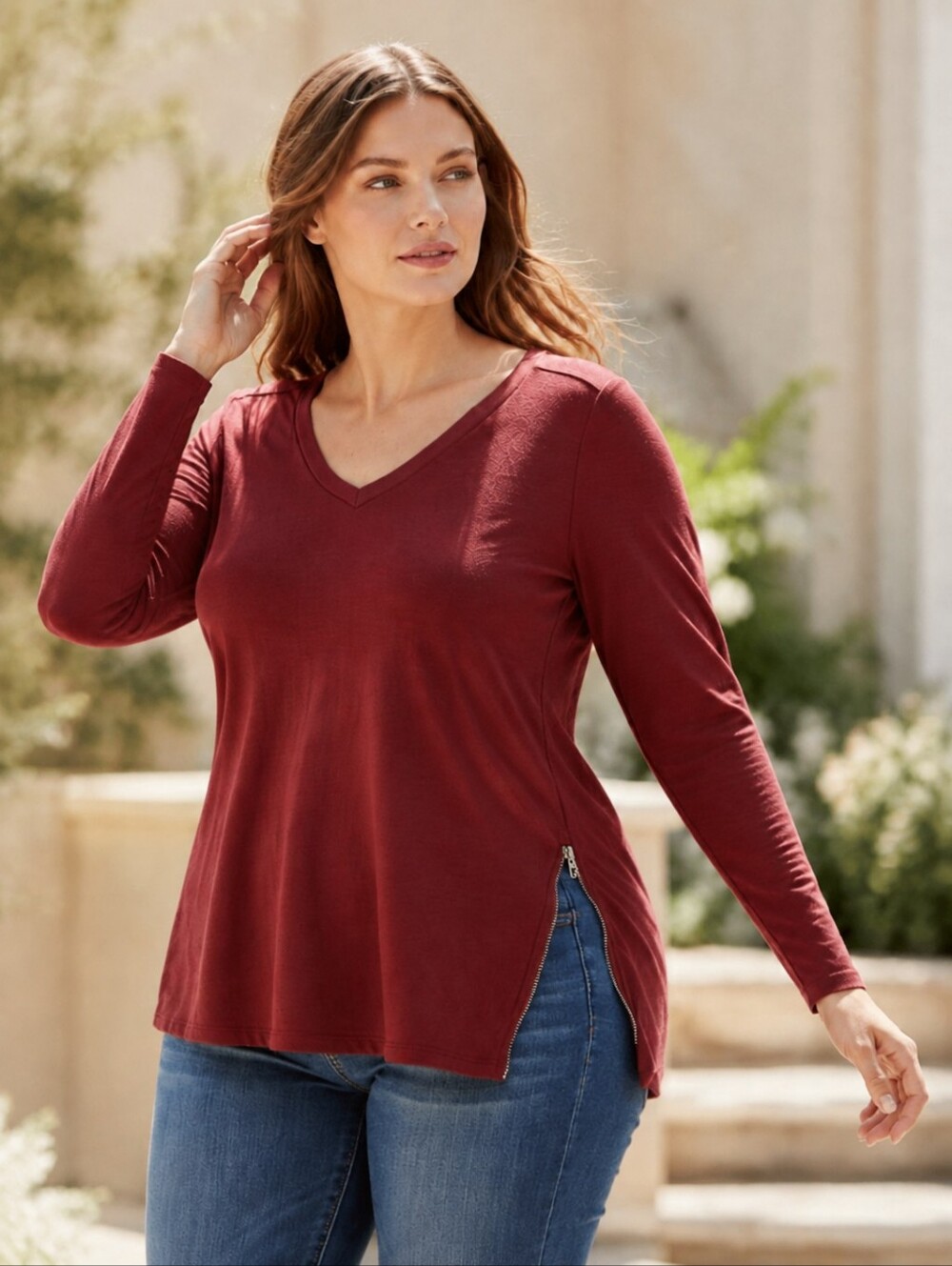 🔥Casual Comfort Tunic V-Neck Soft Burgundy Knit Top Long Sleeve Zipper Slits XL